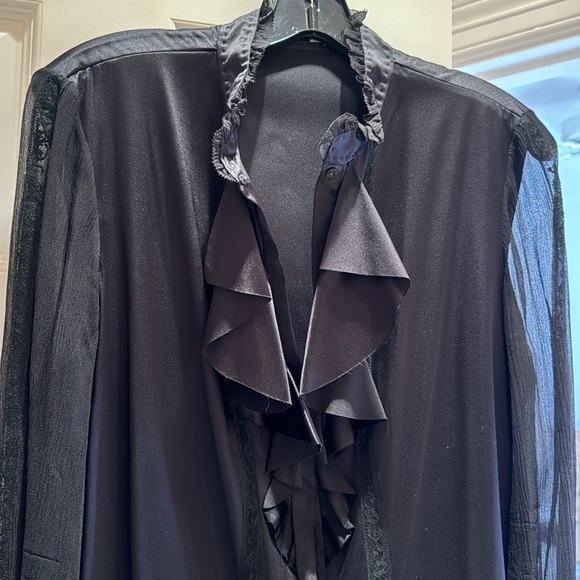 Signature Saks Fifth Ave black silk ruffle neck blouse - Picture 1 of 14